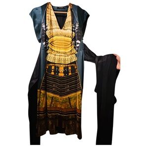 Silk Multicolor Dress with Black and Gold Accents